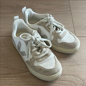 Boy's Veja V-10 Leather Cream and White Almond Sneakers